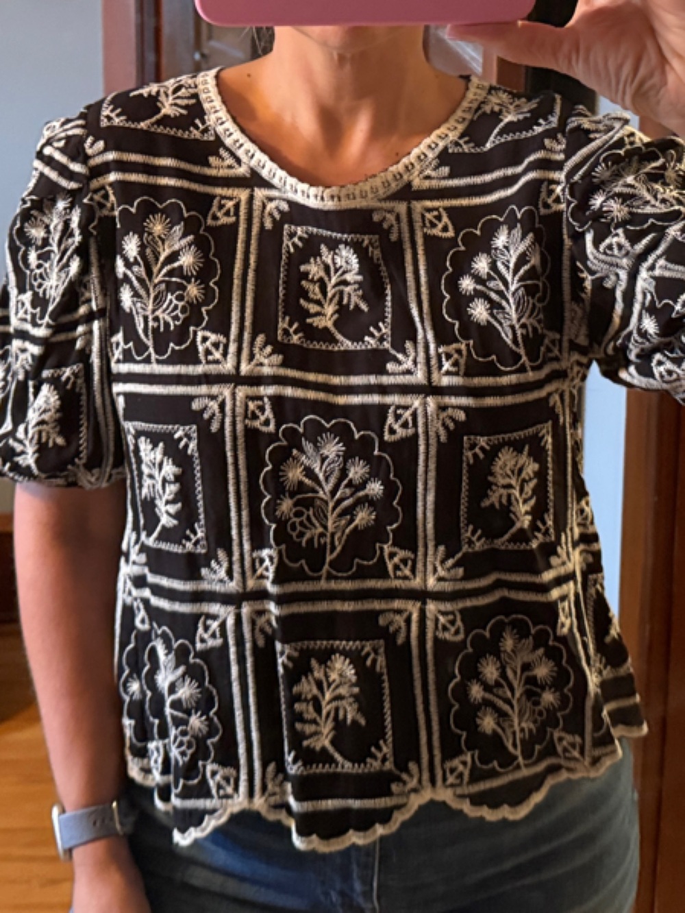 Solitaire Black Top with White Floral Embroidery